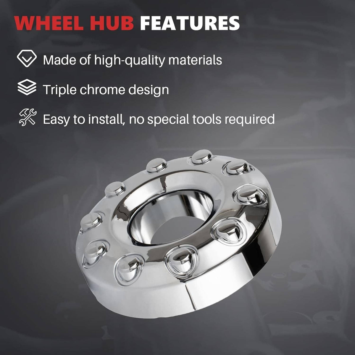 Chrome wheel hub center cap with circular center opening and stud holes
