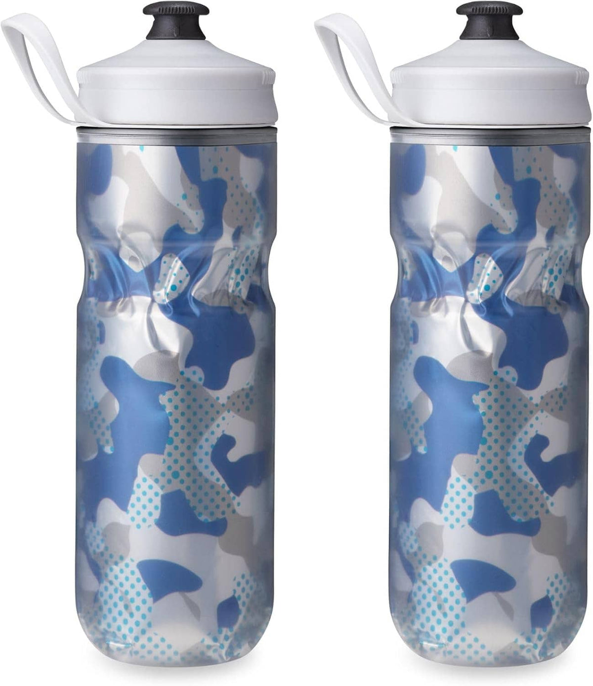 Insulated sport water bottles (2-pack) with blue camo pattern, black lids and handle loops