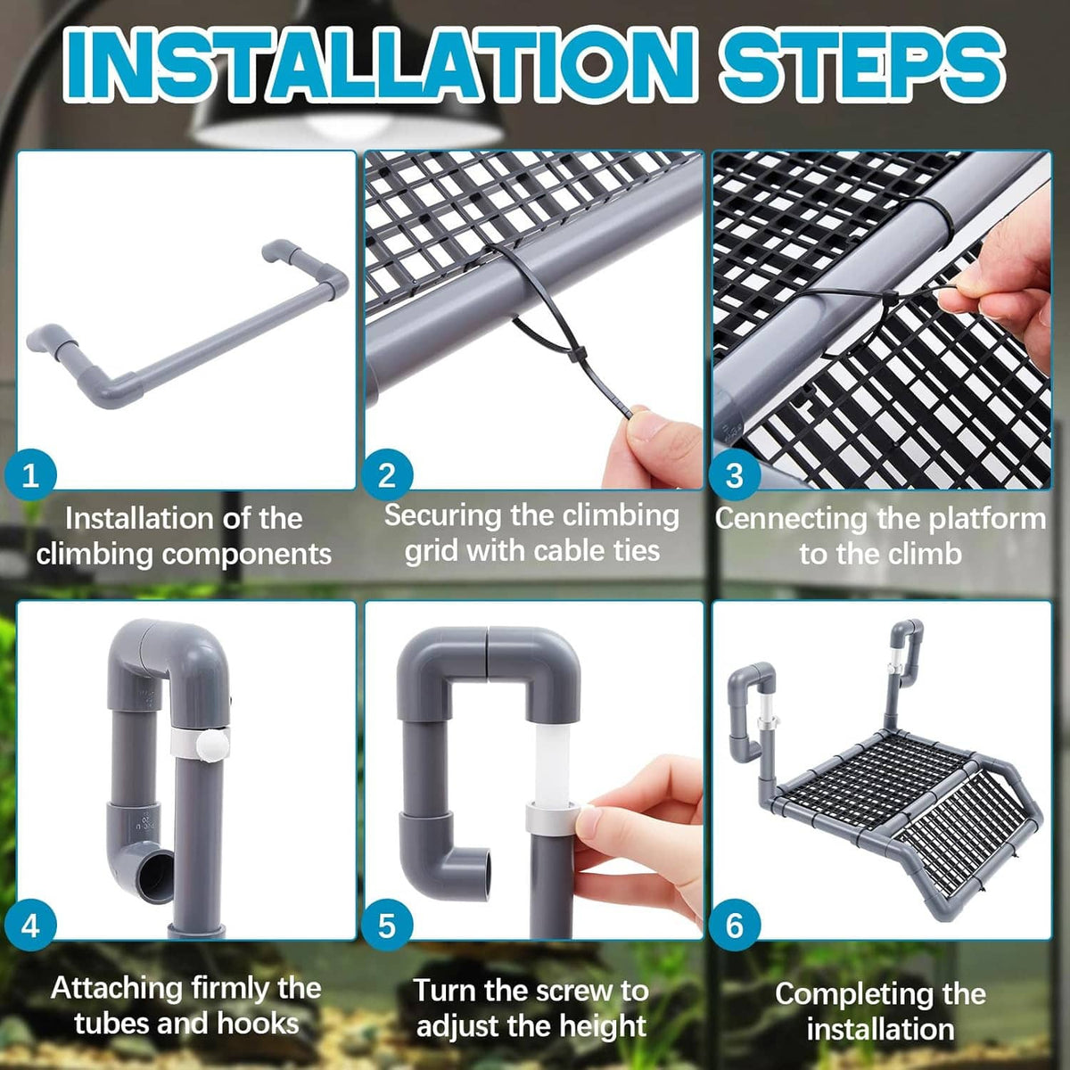 Turtle basking platform installation showing hooks, tubes, and mesh ramp assembly