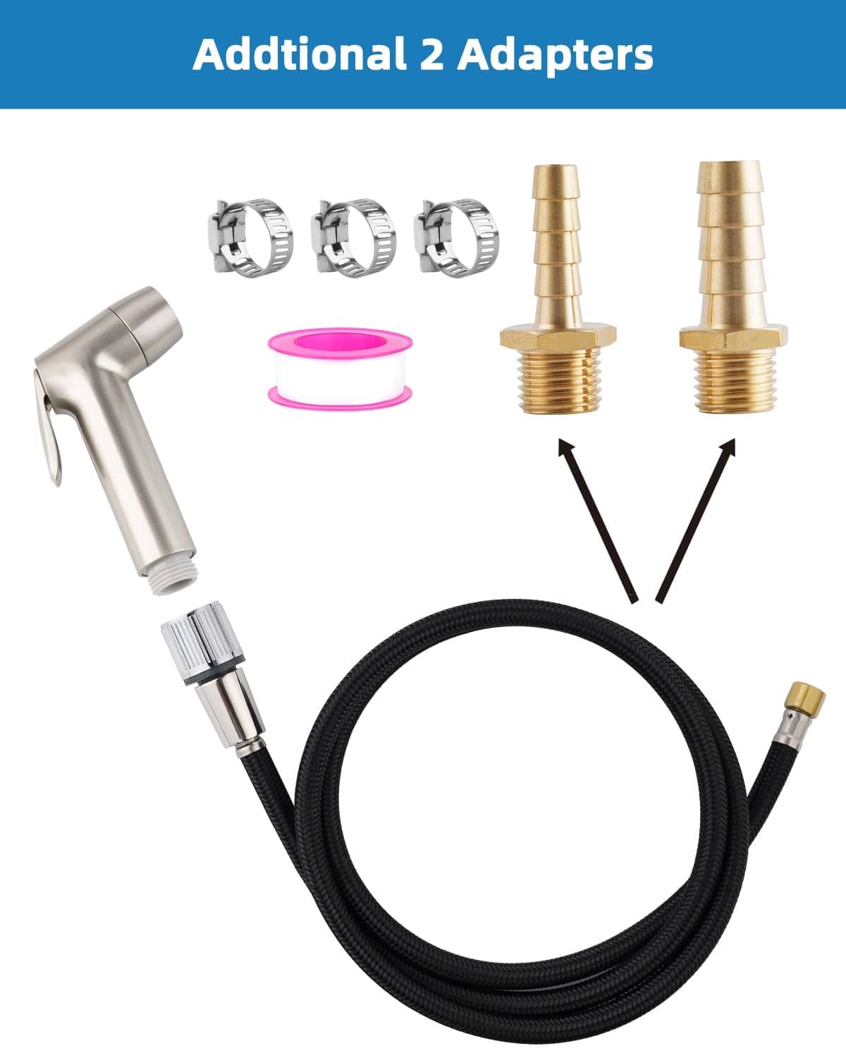 Brushed nickel sink sprayer with black braided hose and two included adapter fittings