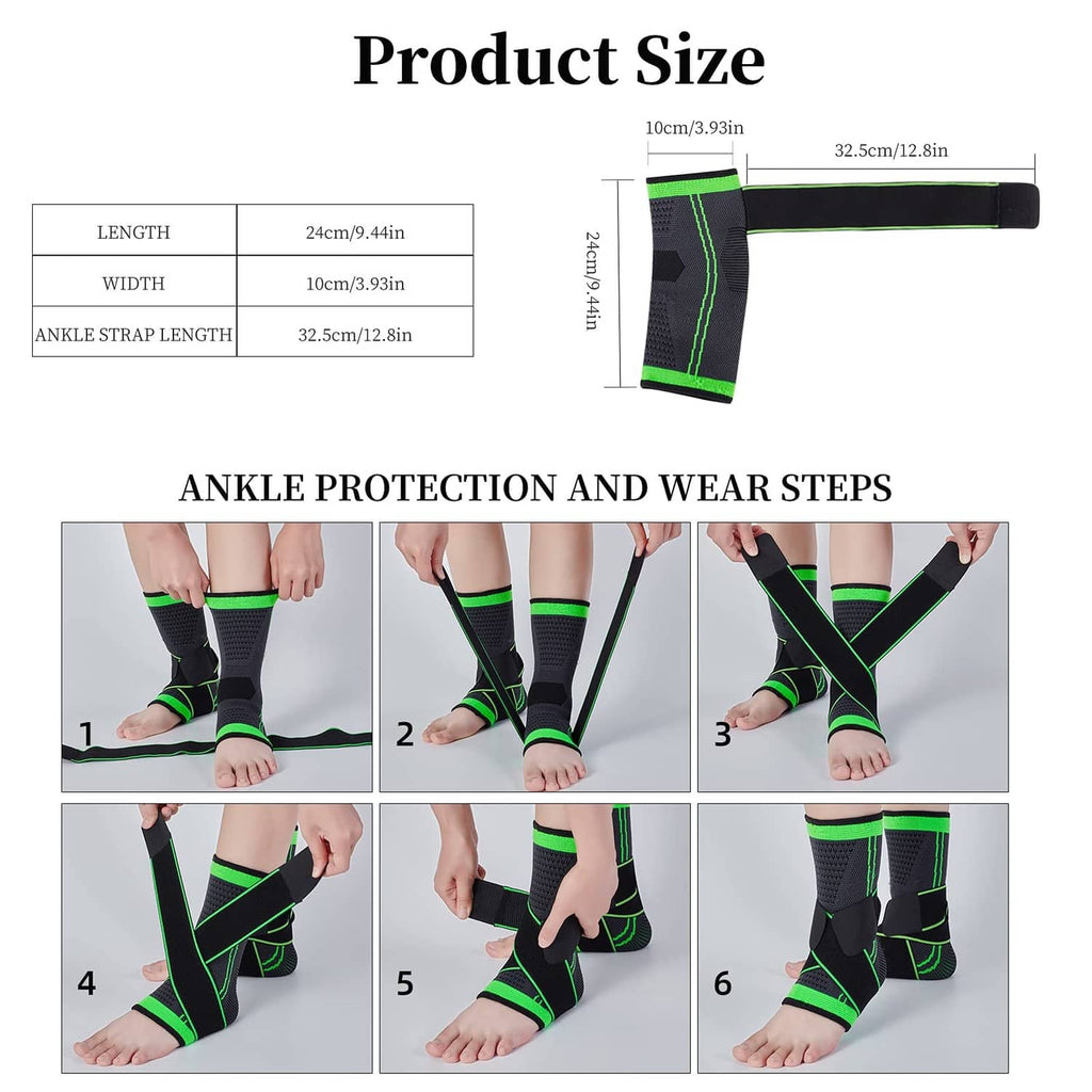 Black ankle brace with neon green bands, product size diagram view