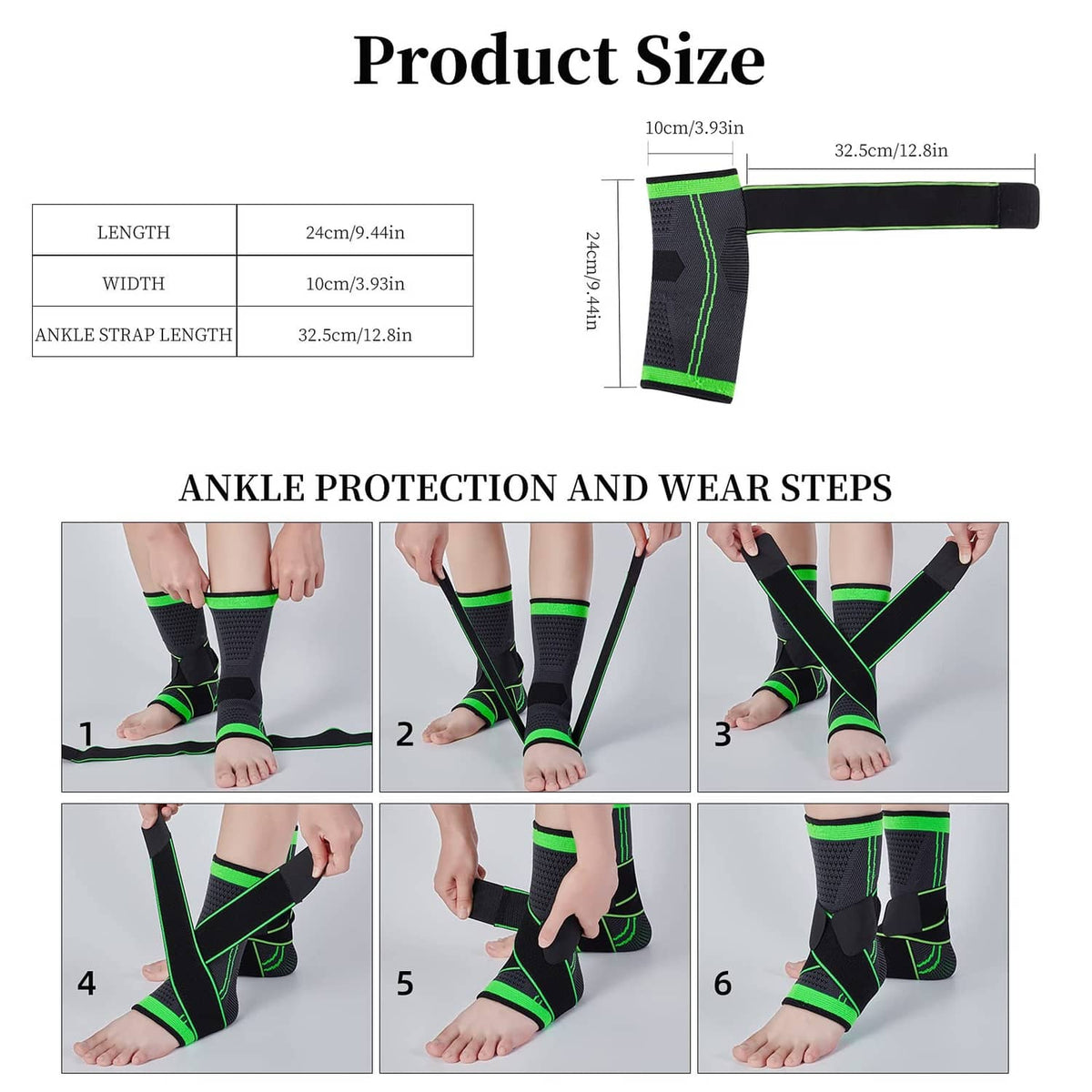 Black ankle brace with neon green bands, product size diagram view