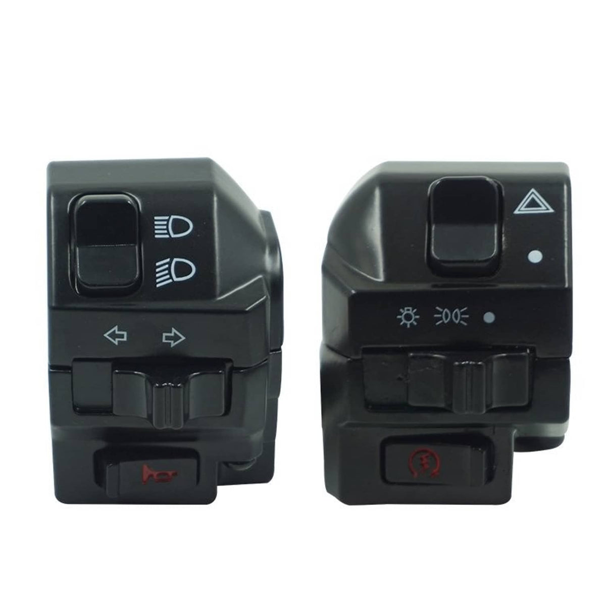 Motorcycle handlebar switch controls with icon buttons, left and right pods