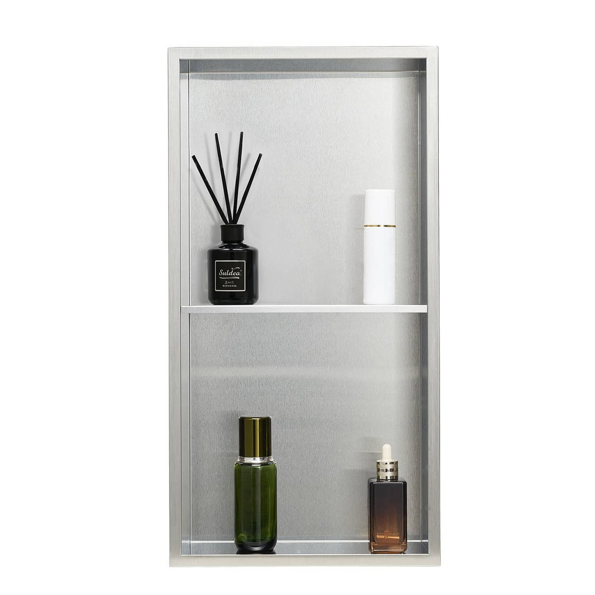Recessed stainless steel shower wall shelf, two-tier silver frame with clean edges