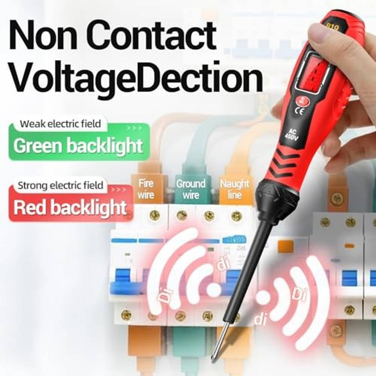 Red non-contact voltage tester screwdriver held near breaker with green backlight