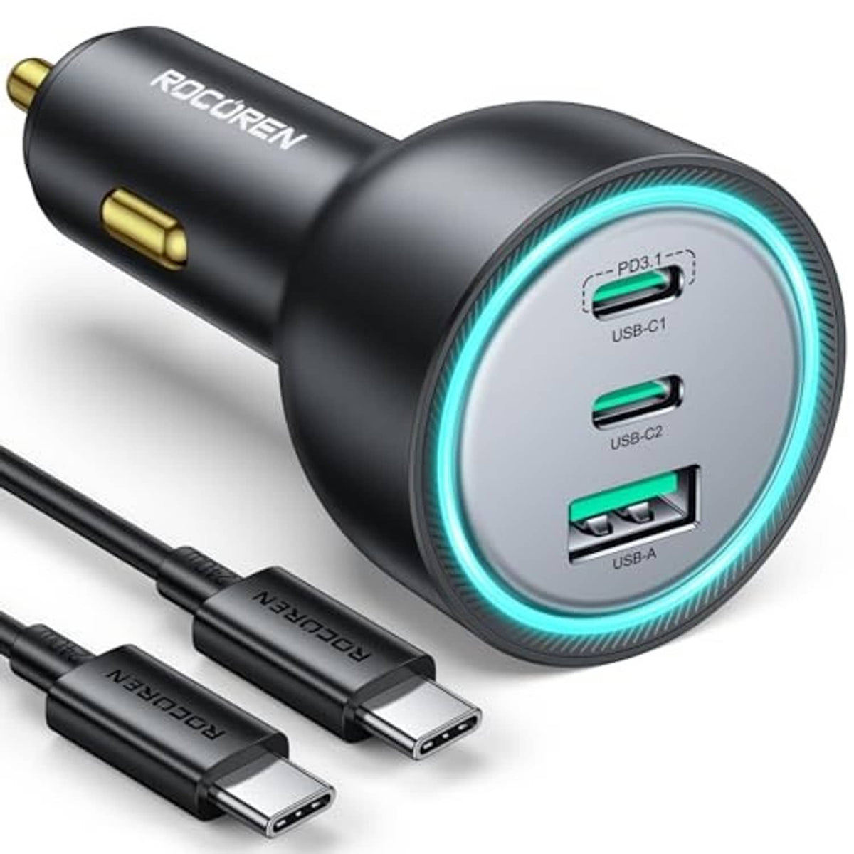 Black 3-port car charger with blue-lit ring, showing 2 USB-C and 1 USB-A port