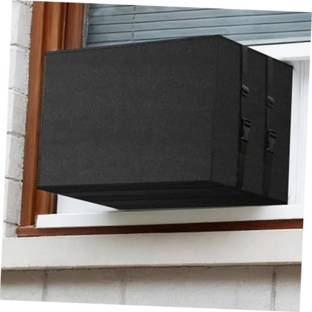 Black rectangular AC cover for outside window unit with side strap panels, installed.