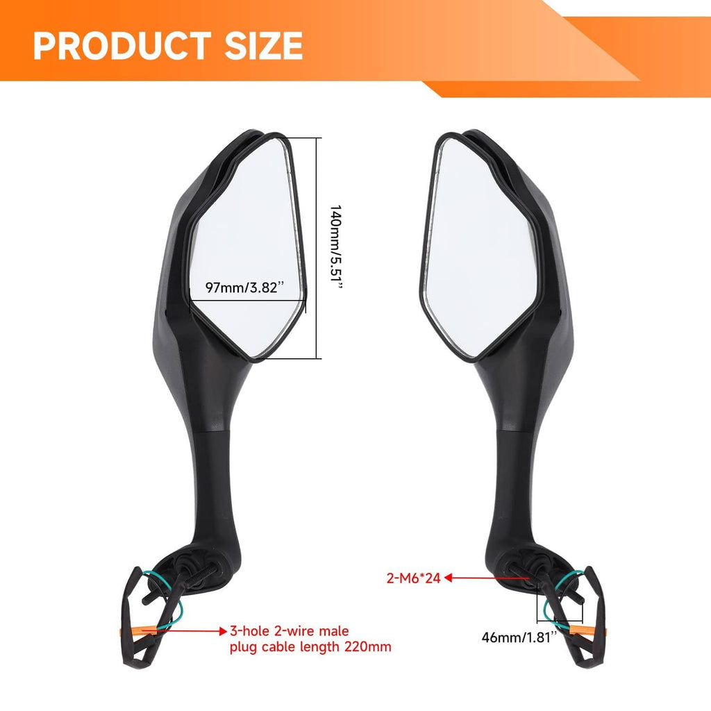 Black motorcycle rearview mirrors with angled housings and wiring connectors