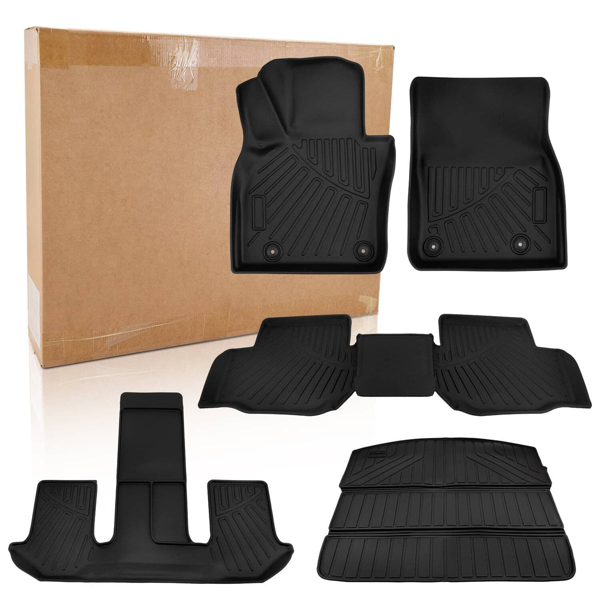 Black all-weather floor mats and trunk cargo liner set, raised patterns and cutouts