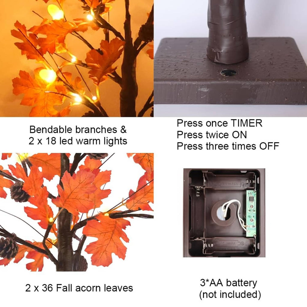 Lighted fall acorn tree display with orange leaf LEDs and timer instructions