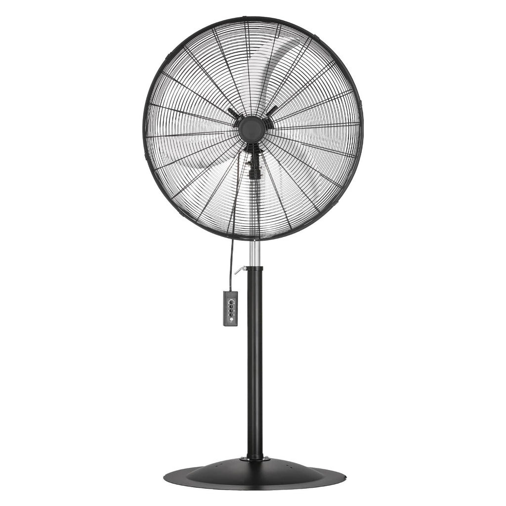 Front view of black pedestal fan with circular mesh grille and round base