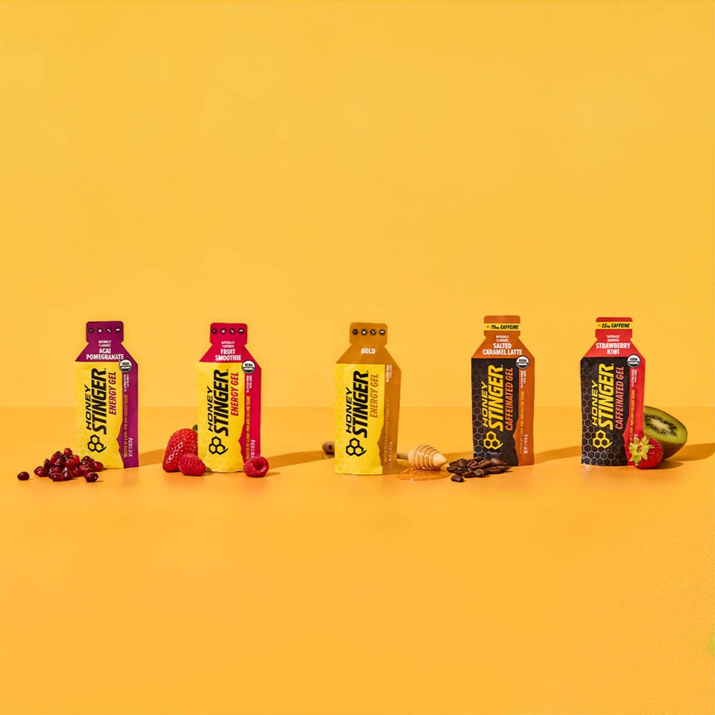 Honey Stinger energy gel pouches arranged in multiple flavors