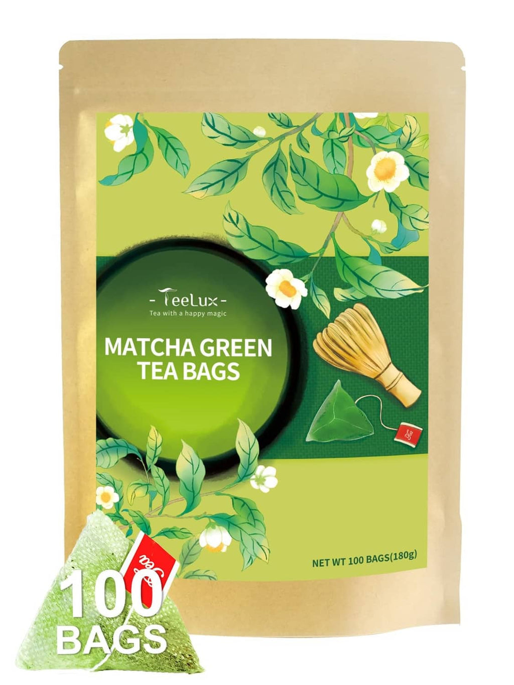 Matcha green tea bag pouch, 100-count pack with botanical artwork