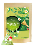 Matcha green tea bag pouch, 100-count pack with botanical artwork