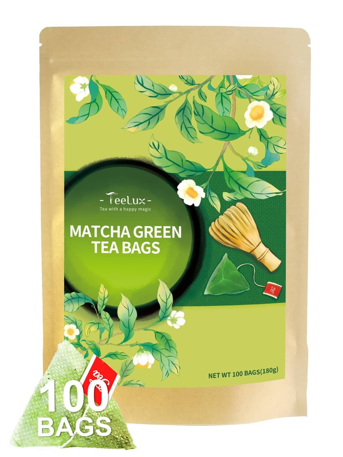 Matcha green tea bag pouch, 100-count pack with botanical artwork