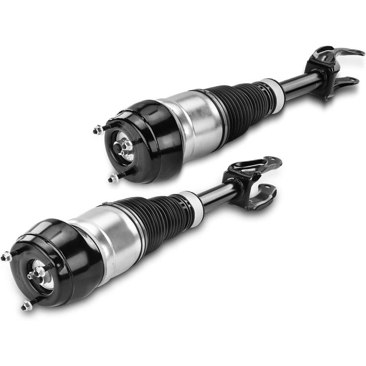 Front air suspension shock strut set with silver sleeves, black end caps, fork brackets