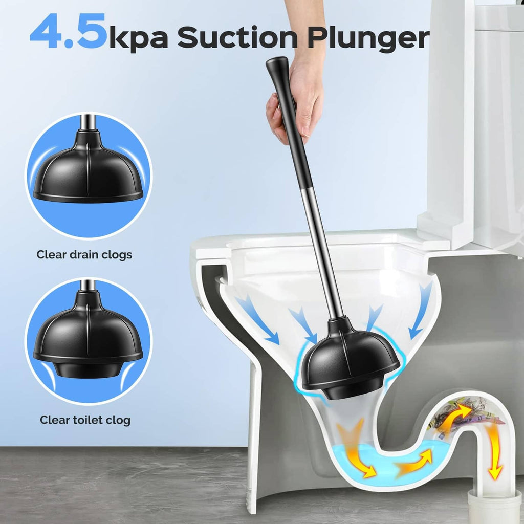 Toilet suction plunger with black cup and long handle for clearing clogs