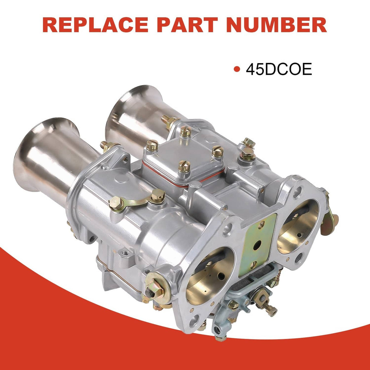 Twin-choke carburetor with two silver intake horns and metal housing, side view