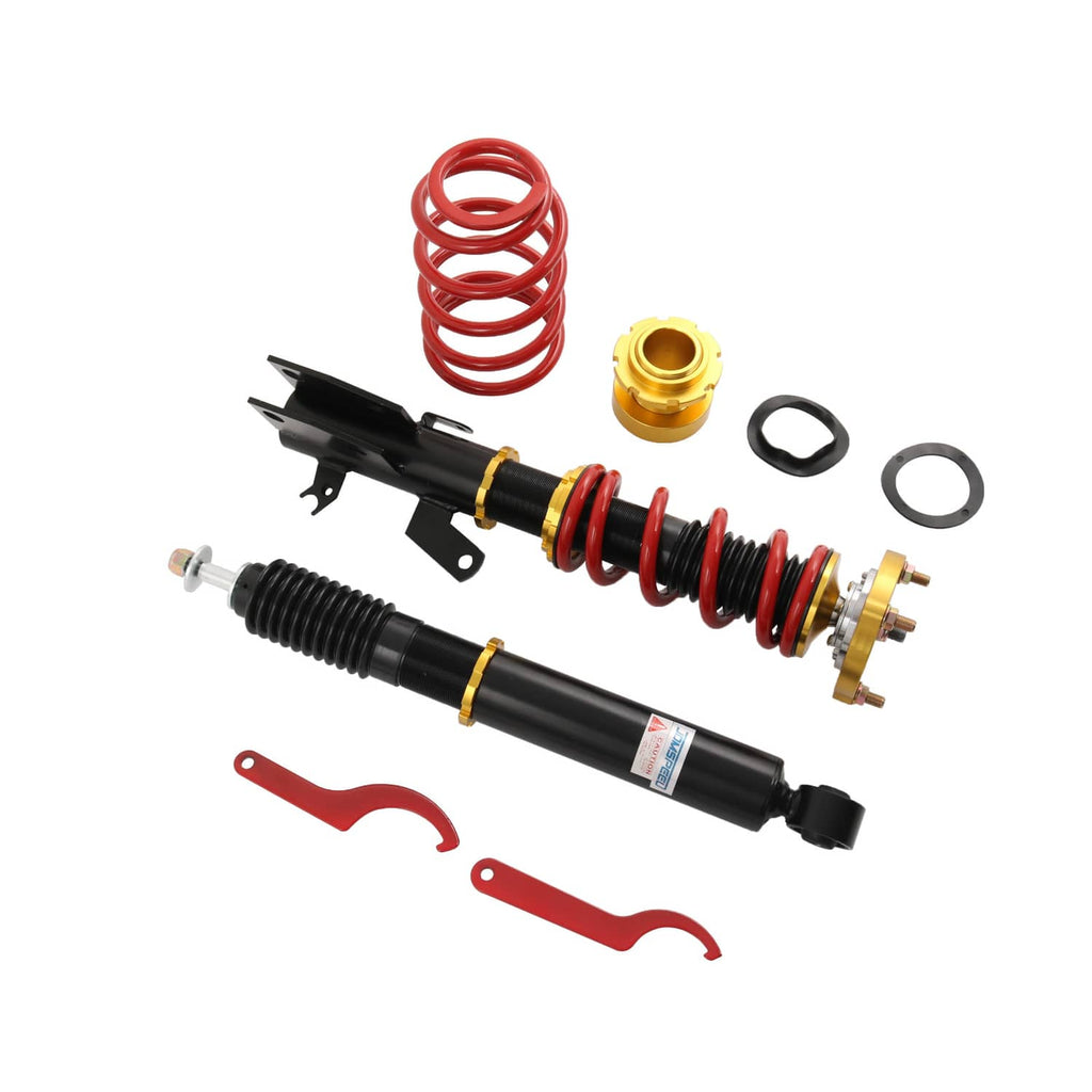 Coilover strut assembly with red spring, black damper, and included mounting hardware