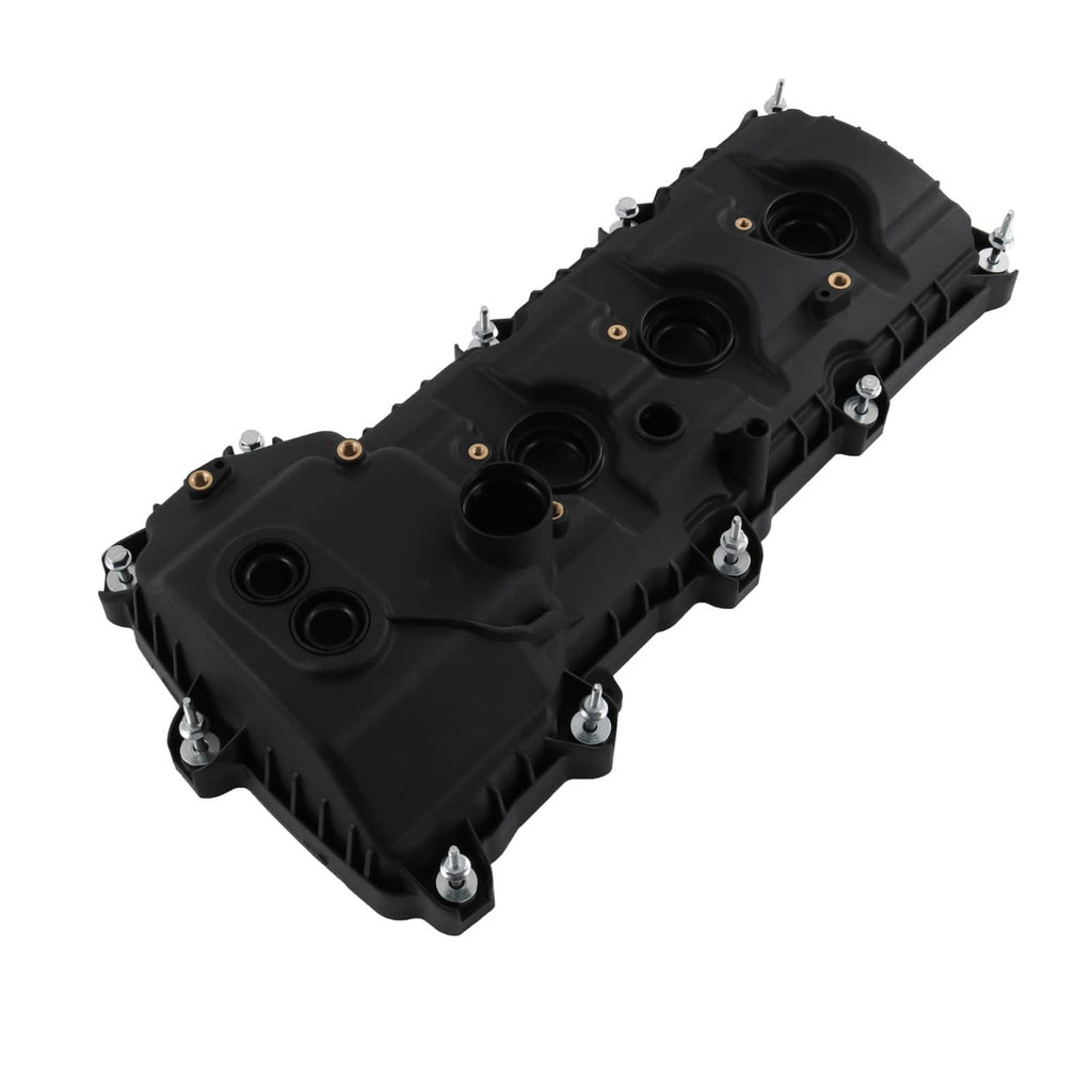 Black engine valve cover with multiple round ports and bolt hardware