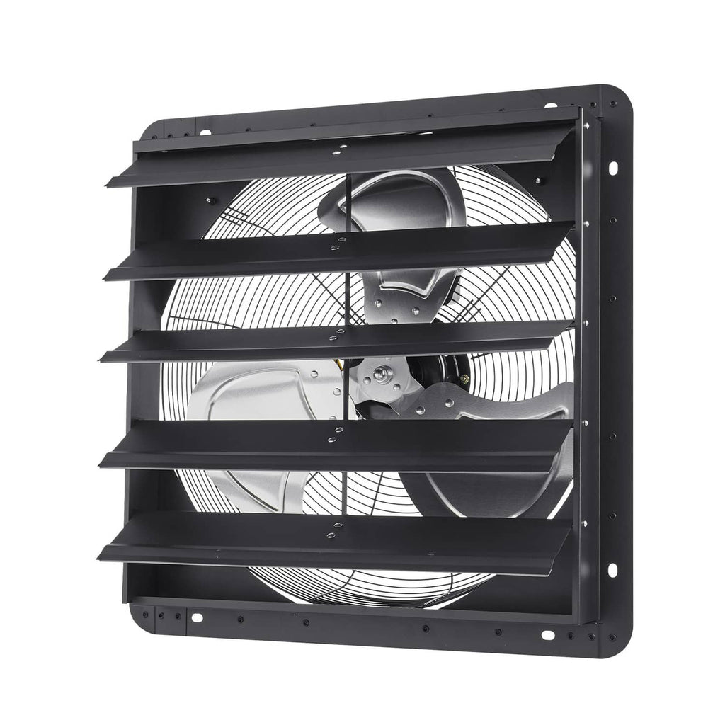 Wall-mounted exhaust fan with shutter louvers and visible fan blades, black