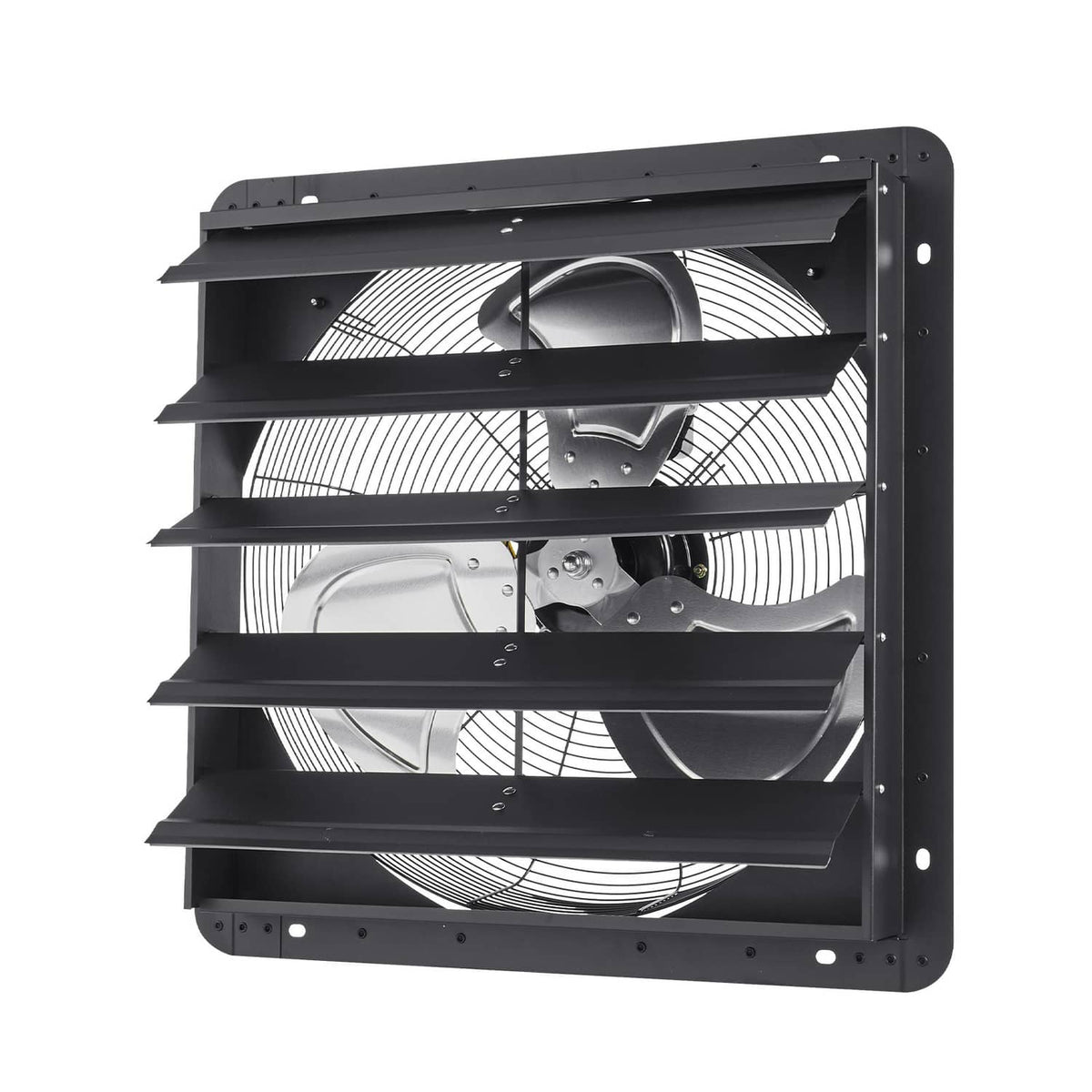 Wall-mounted exhaust fan with shutter louvers and visible fan blades, black