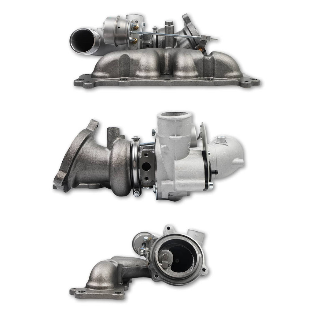 Turbocharger assembly shown from multiple angles with cast manifold and outlet pipe