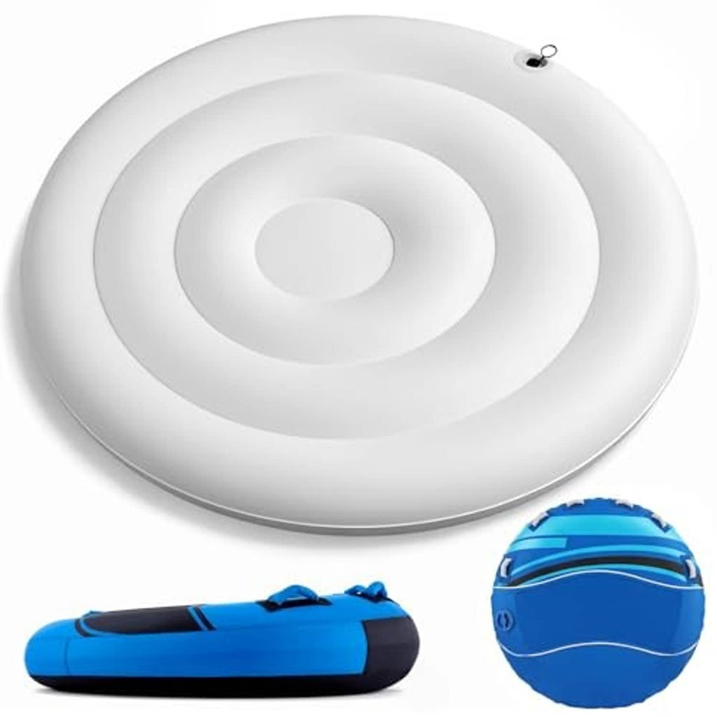 Top view of white inflatable towable boat inner tube with rounded outer chamber and valve