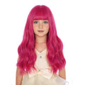 Kids hot pink long wig with bangs, wavy hair framing the face