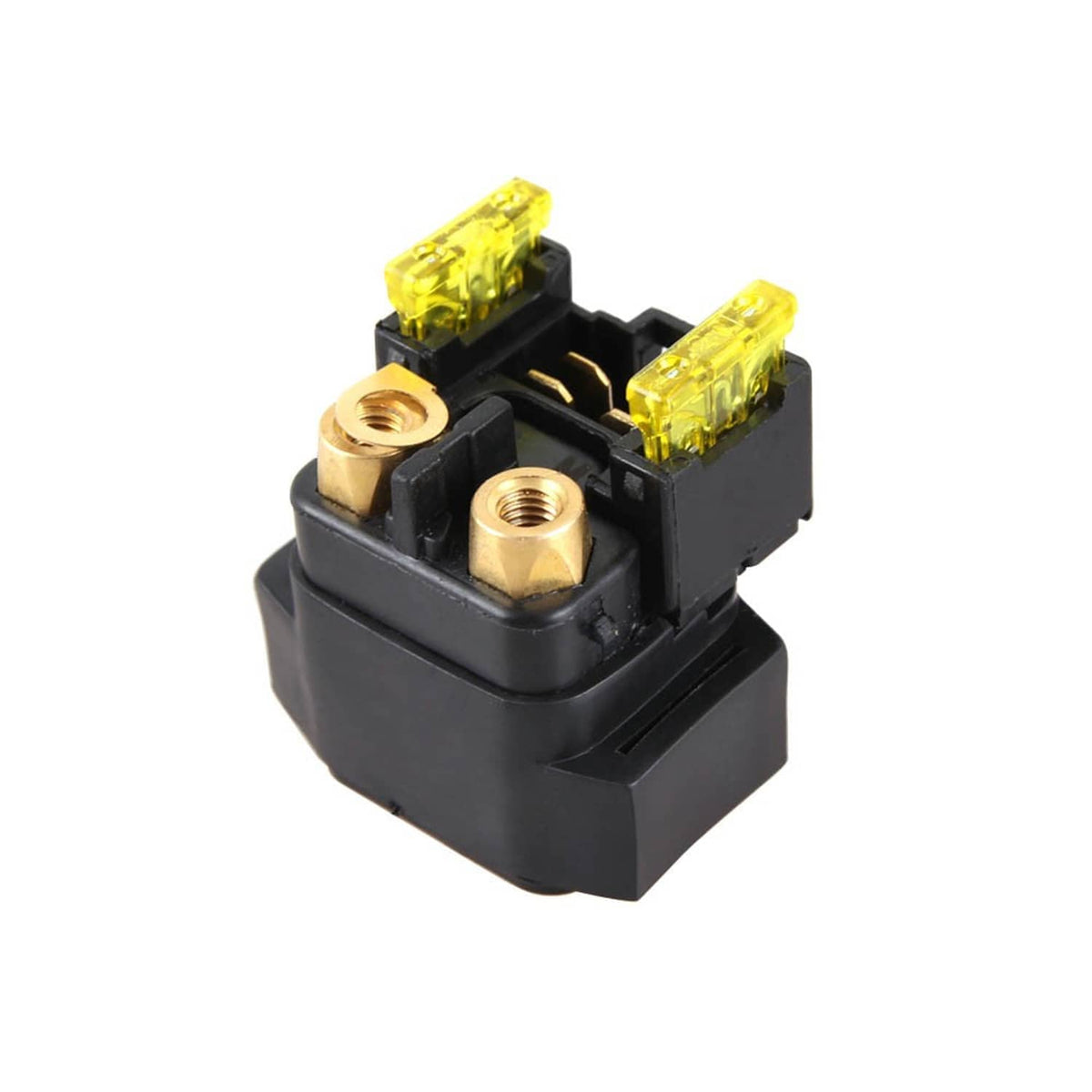 ATV starter solenoid relay assembly angled view with yellow fuse blocks and brass posts