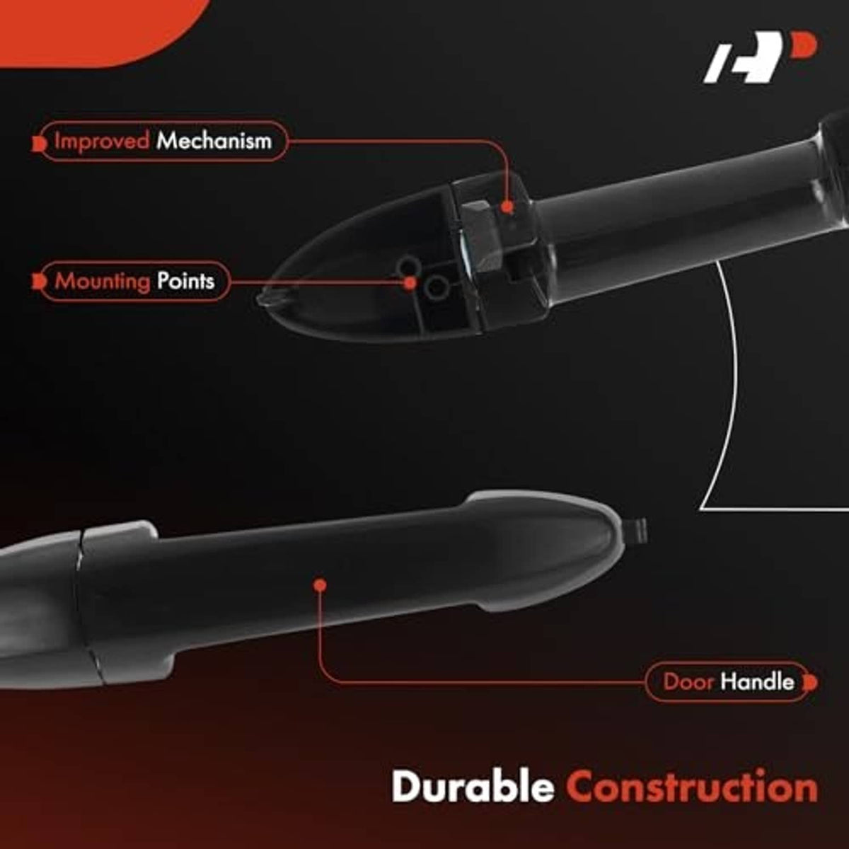 Black exterior door handle with visible mounting points and clips on lever