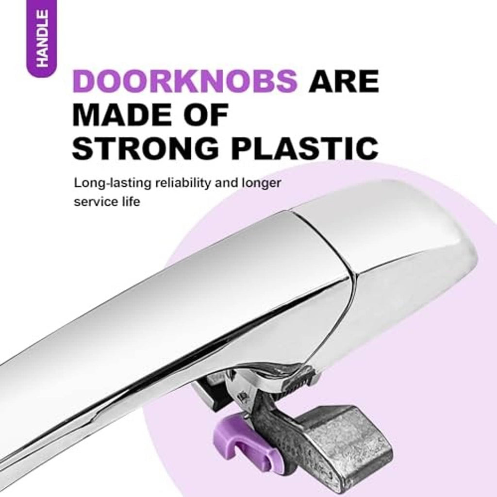 Chrome door handle with purple clip and latch mechanism on the underside