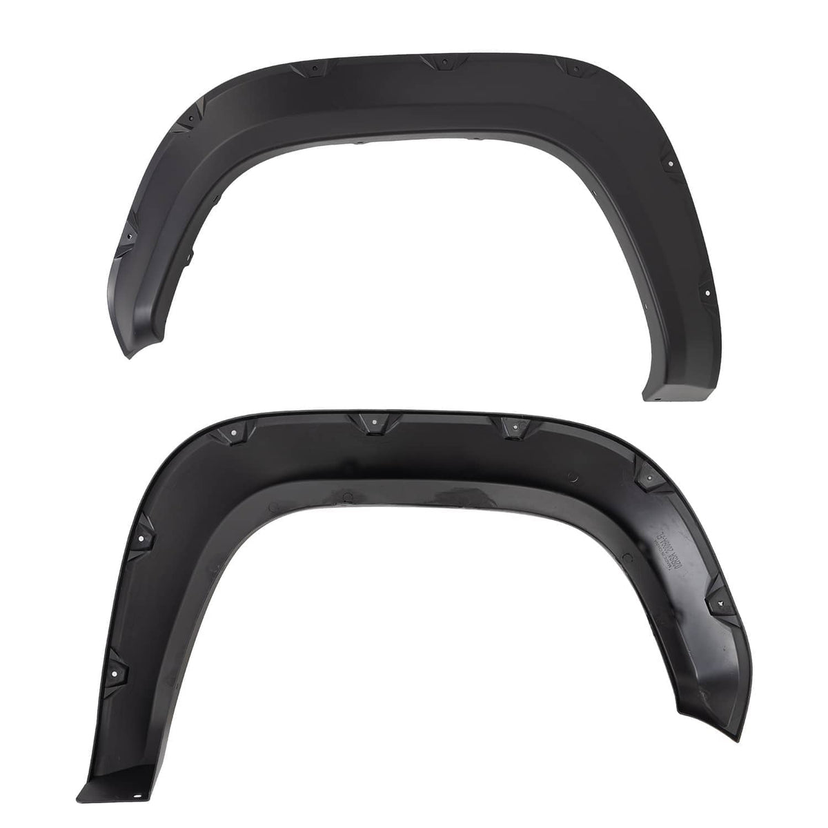 Black front wheel fender flare pair with inner mounting tabs and curved lip