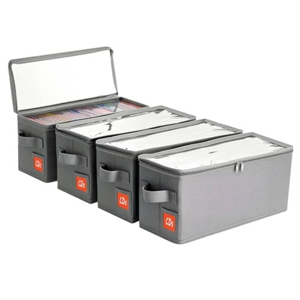 Pack of four gray CD storage boxes with hinged lids, open cases showing card inserts