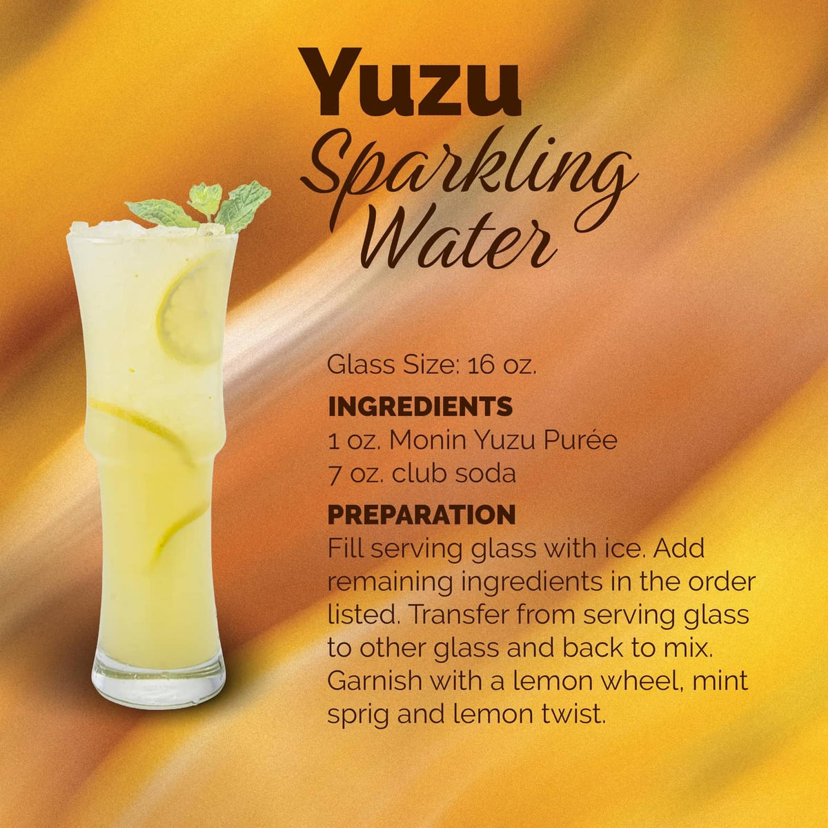 Monin Yuzu Purée recipe card with a tall yuzu sparkling water glass