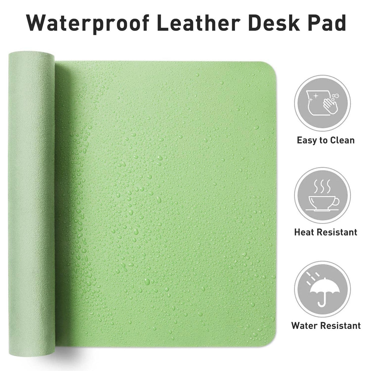 Green waterproof leather desk pad with rolled edge, textured easy-clean surface