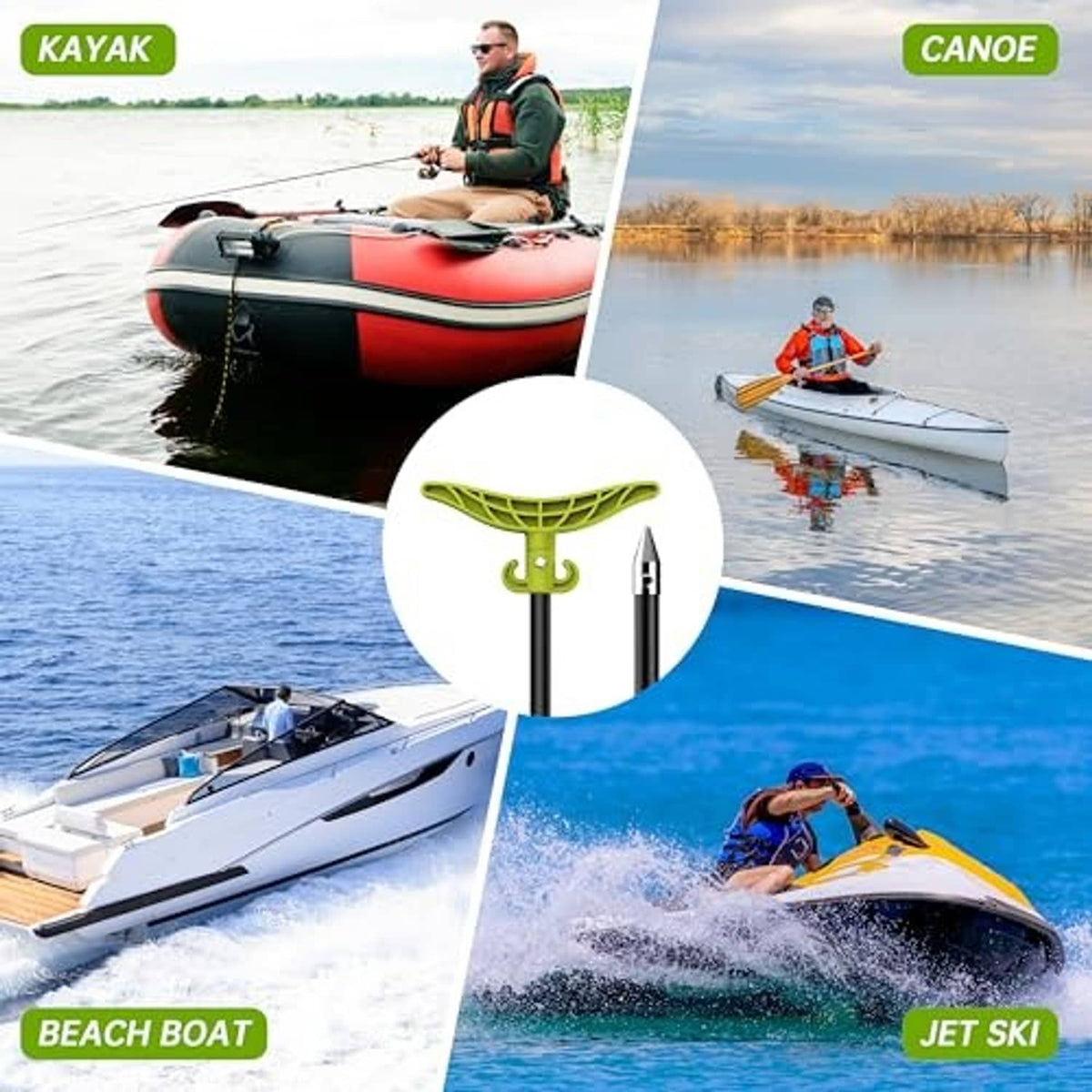 Anchor pole inset on boat-use infographic for kayak, canoe, beach boat, and jet ski