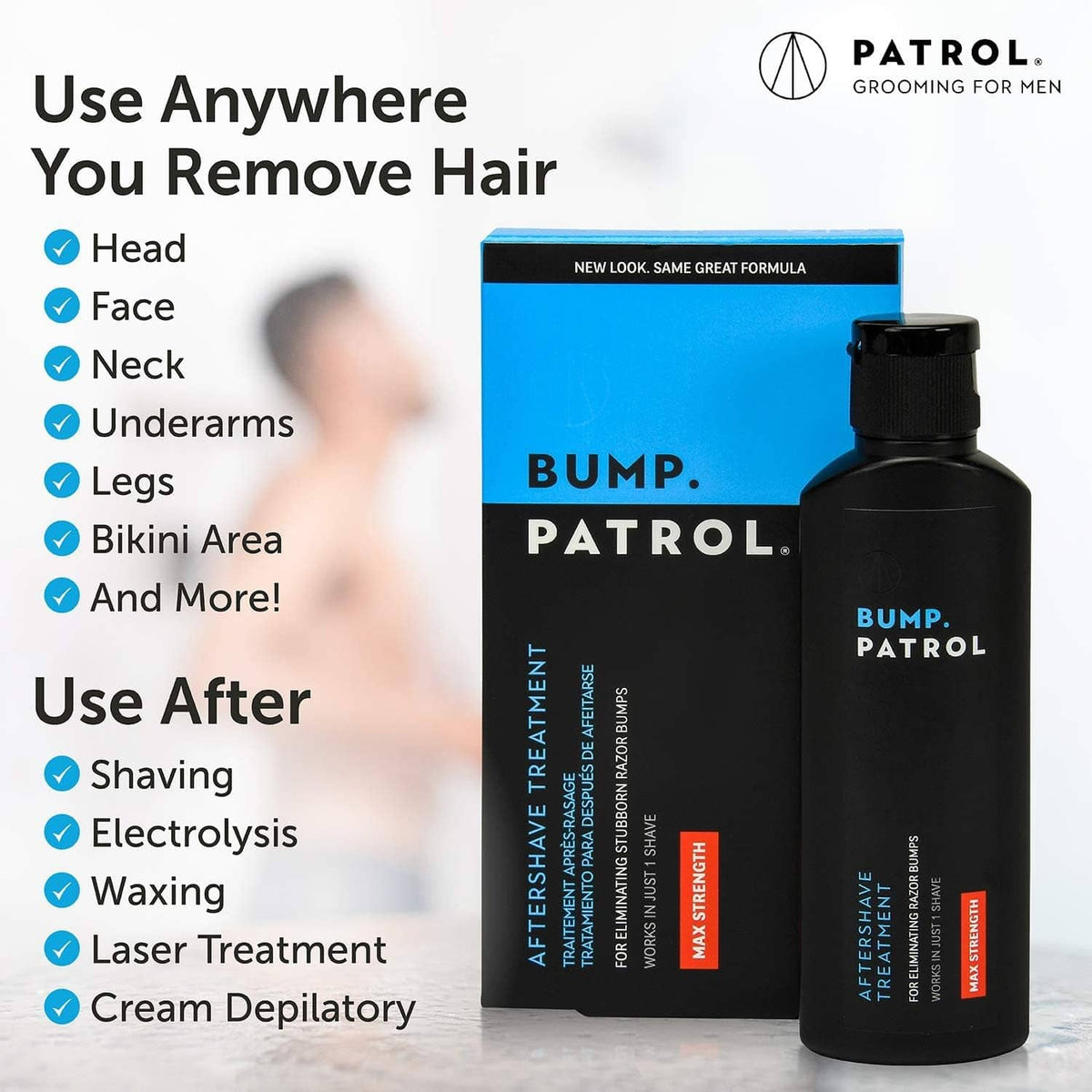 Bump Patrol aftershave treatment box and bottle shown together