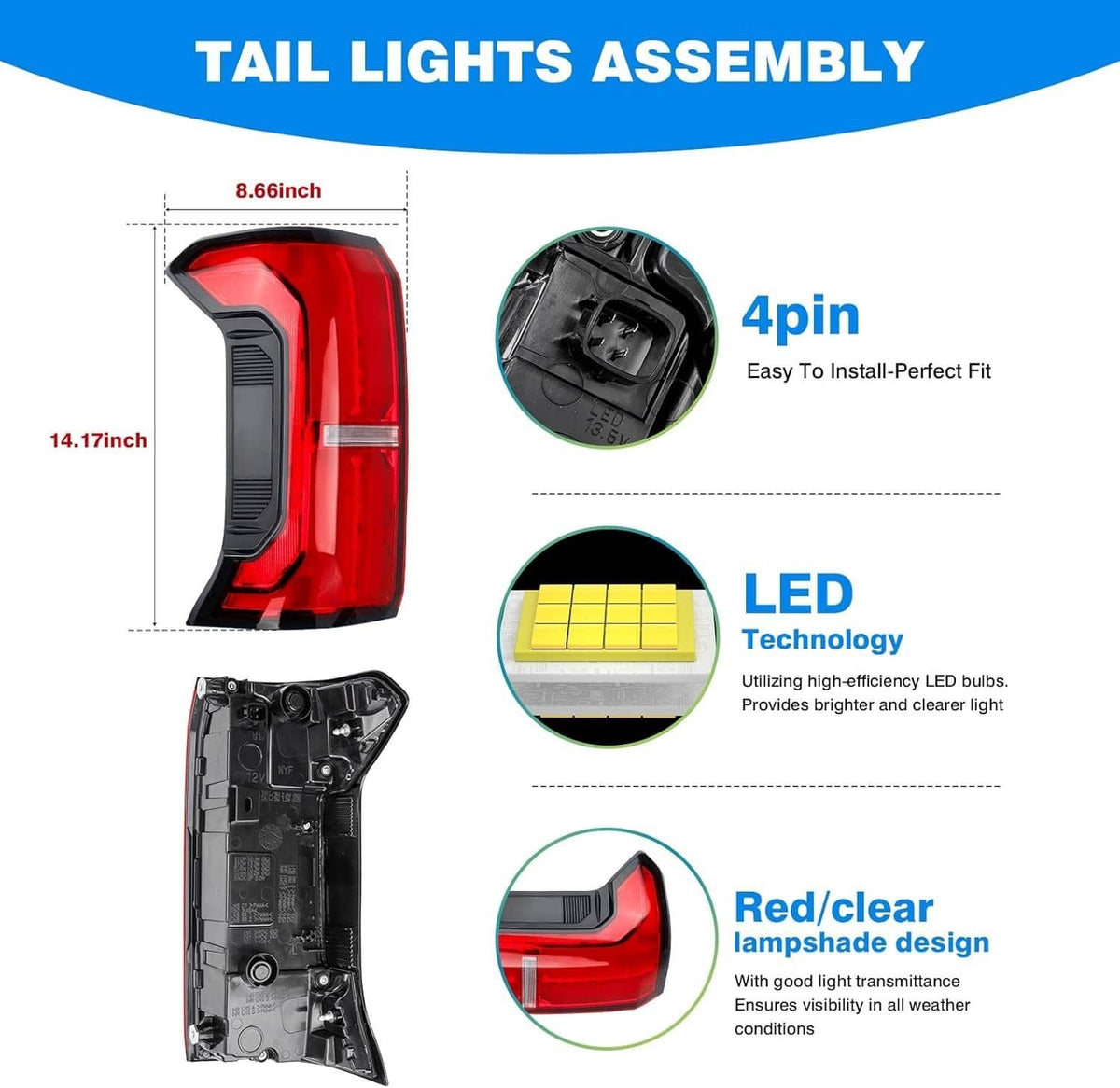 Left rear tail lights assembly, red lens with black housing and clear side reflector