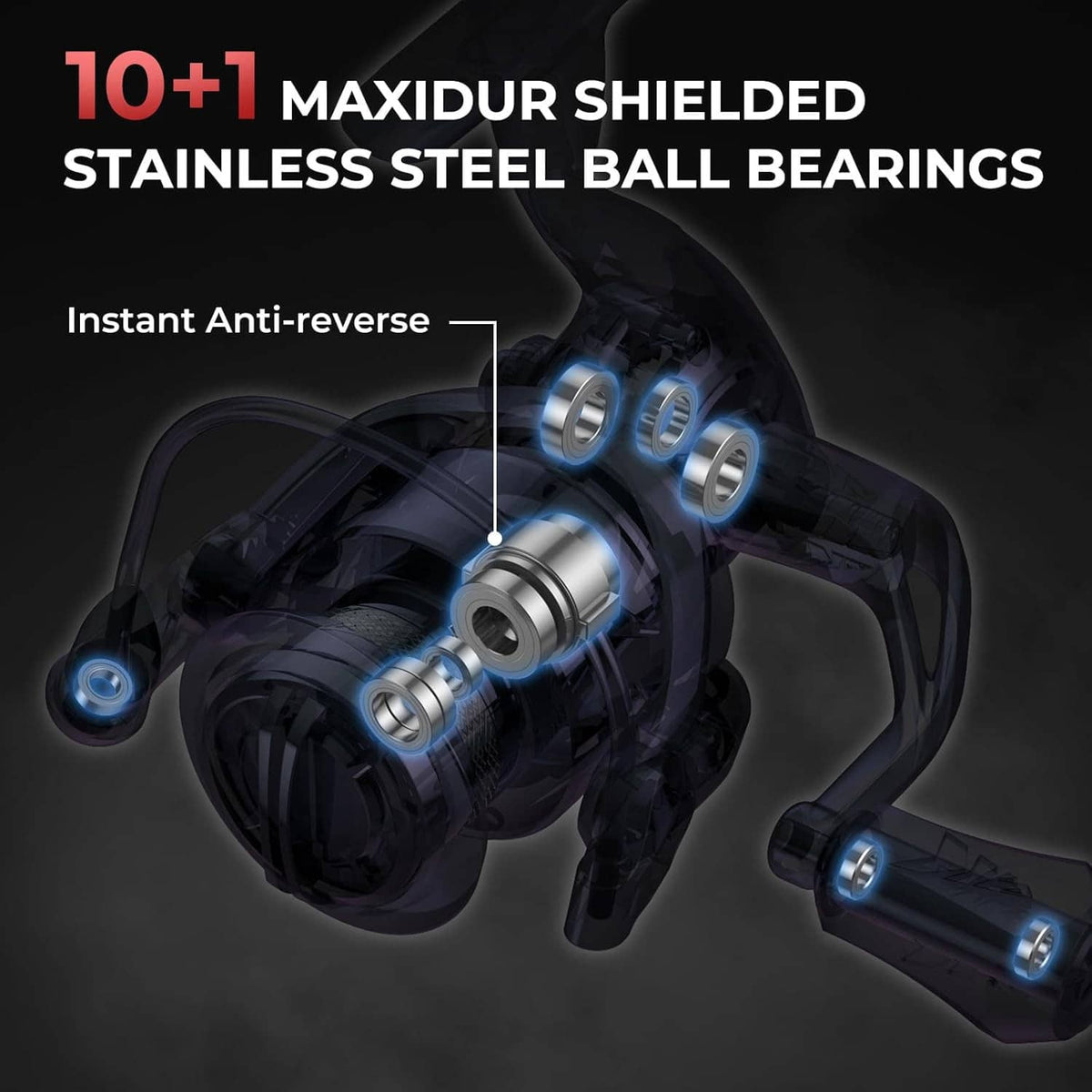 Spinning reel cutaway showing ball bearings and handle-side drive parts