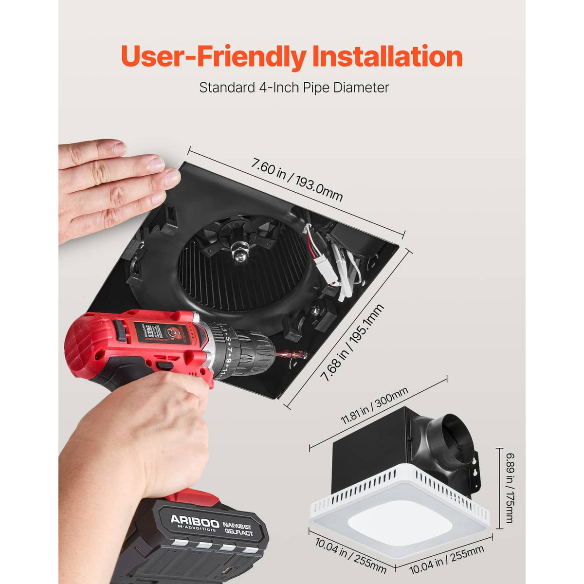 Bathroom ventilation fan showing underside components and black duct collar for installation