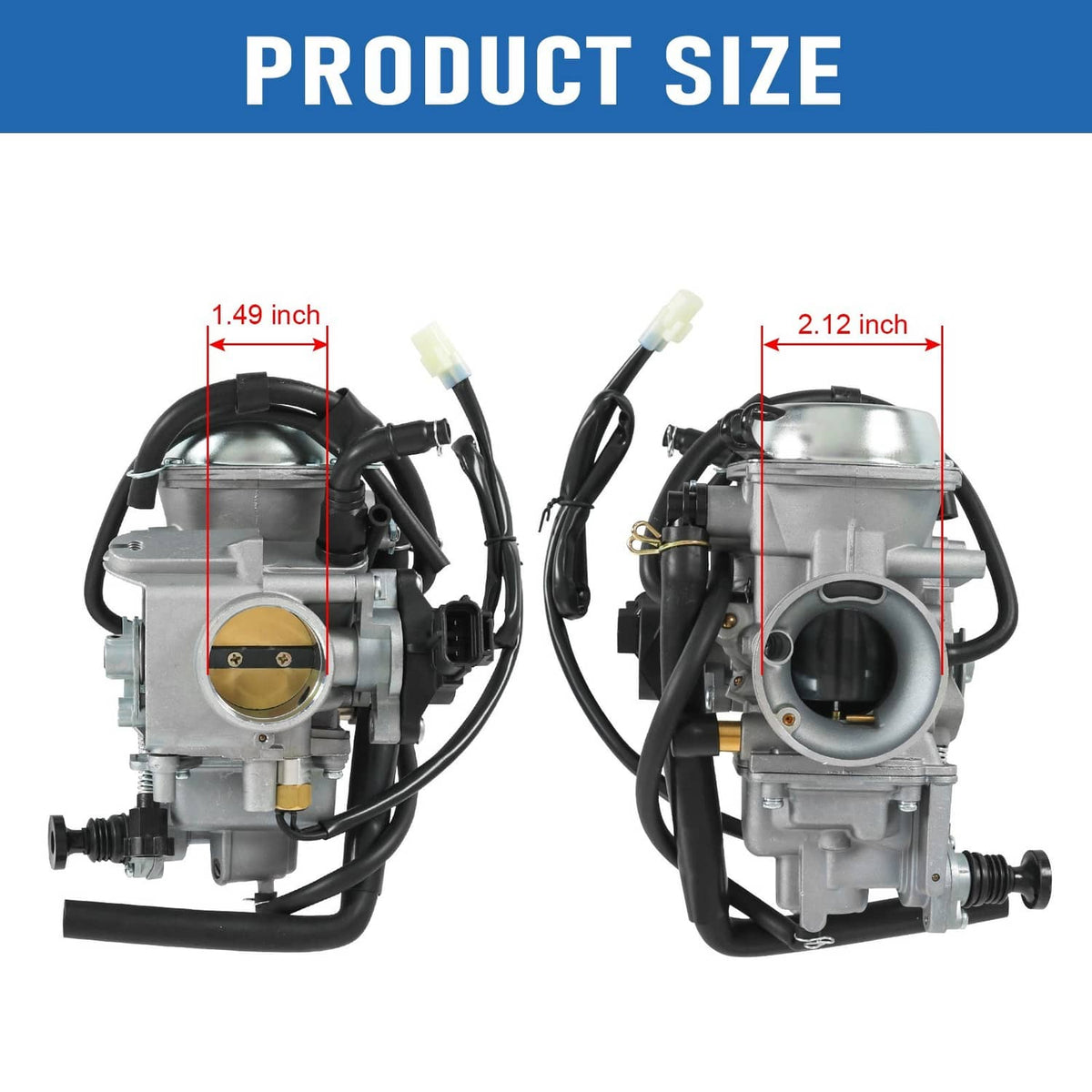 Carburetor assembly showing front and side views with connector and hoses