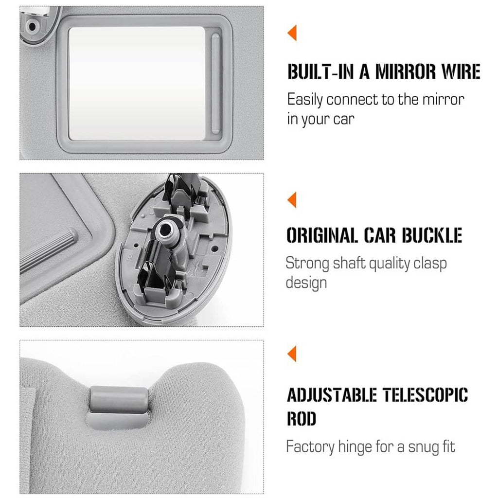 Gray sun visor components: vanity mirror mount, buckle, and telescopic rod