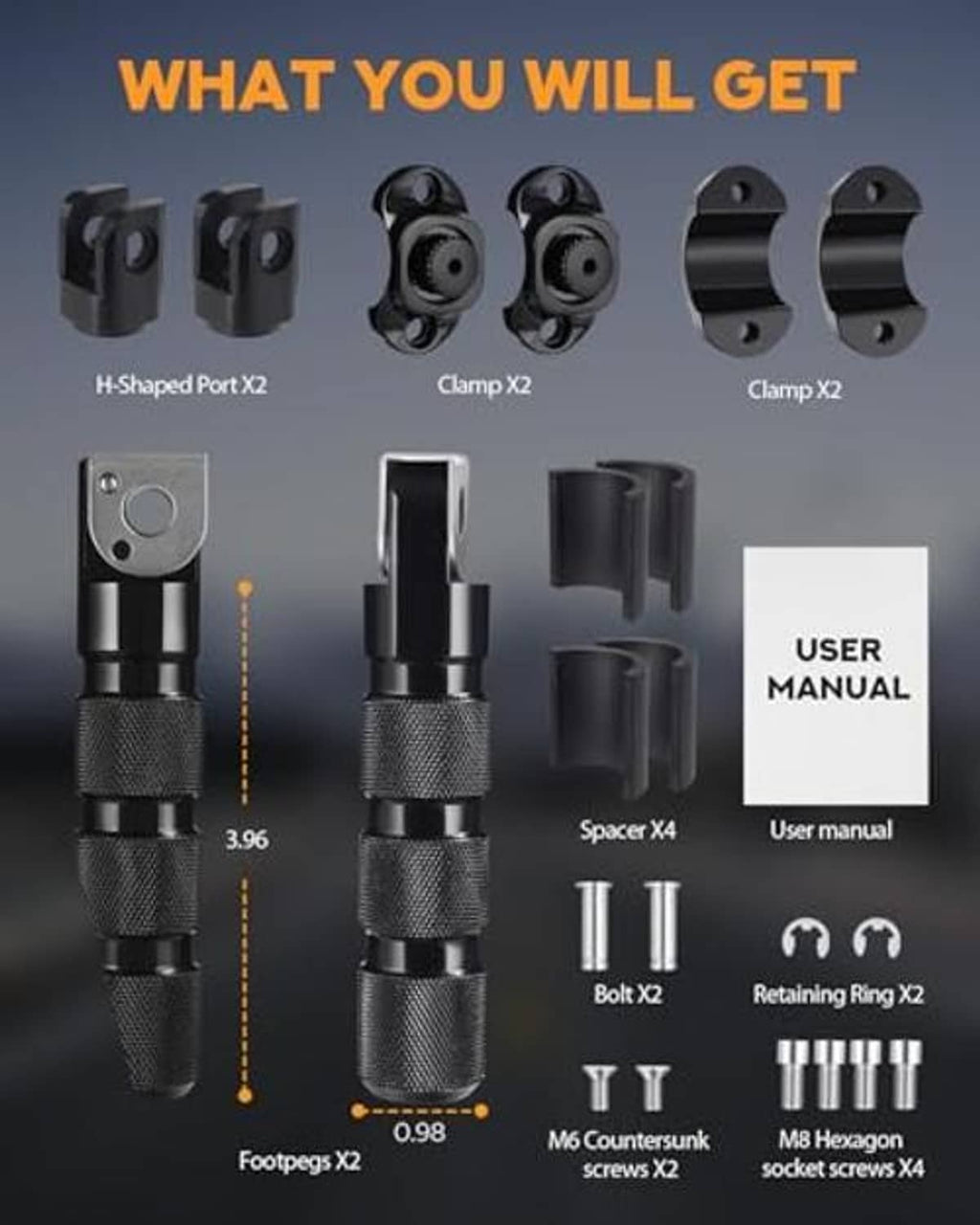 Highway footpeg hardware kit with two pegs, clamps, spacers, and retaining pins
