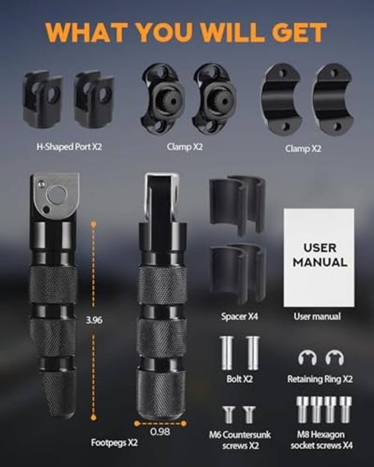 Highway footpeg hardware kit with two pegs, clamps, spacers, and retaining pins