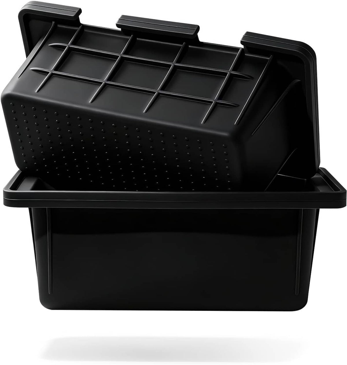 Black silicone drip pan liner set for griddles, with raised grid and side channels