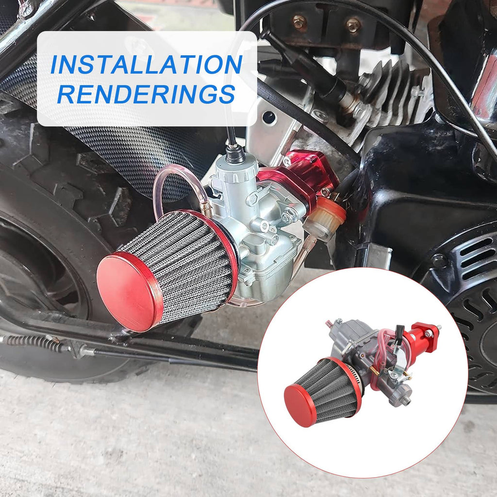 Carburetor with red air filter installed on a mini engine, showing wiring and hoses