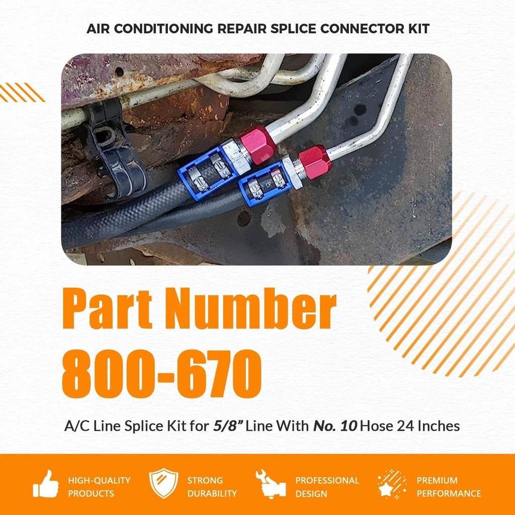 A/C line splice connector kit installed on vehicle hoses with blue and red couplers