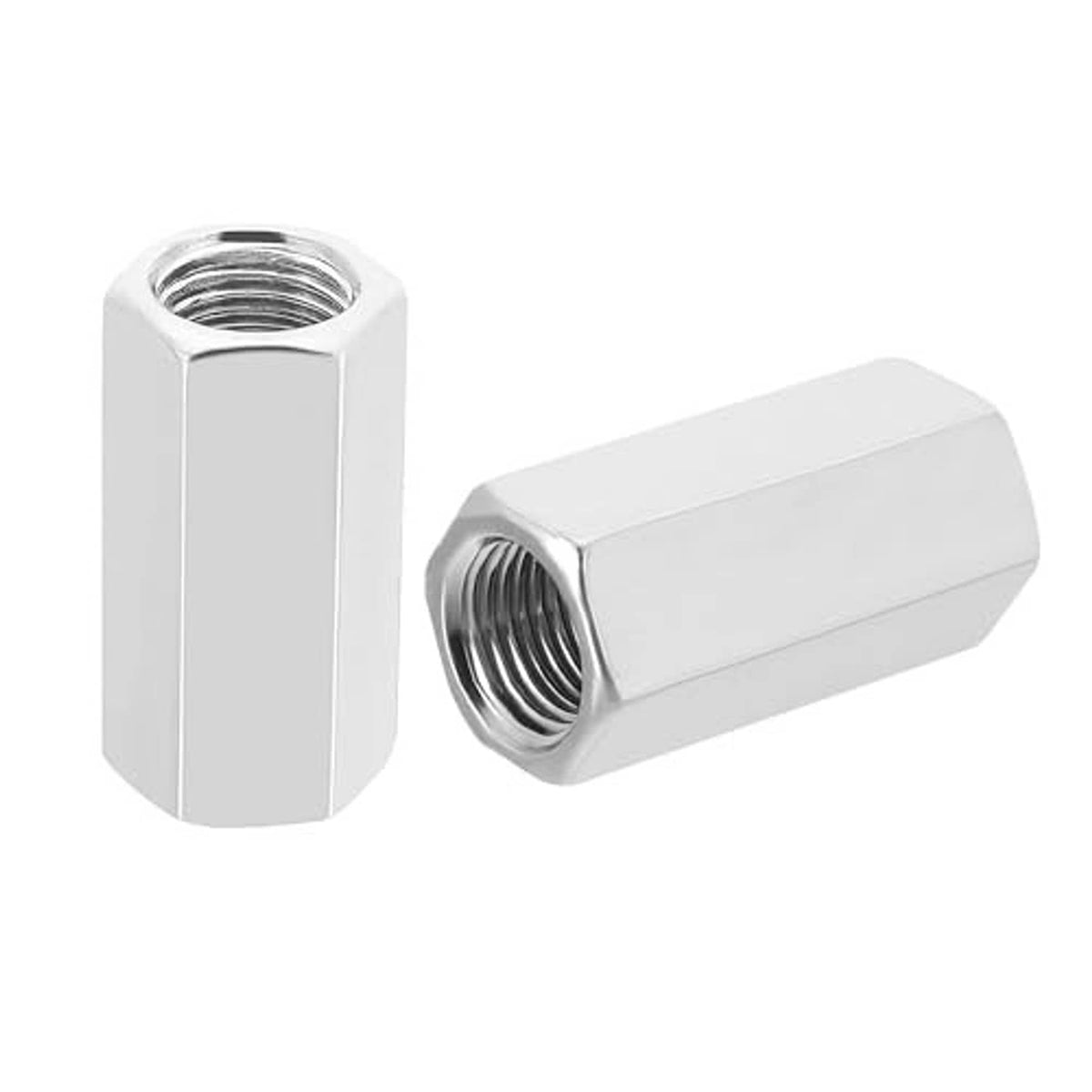 Hex coupling nut with M10x1 fine thread, silver metal hex sleeve, close side view