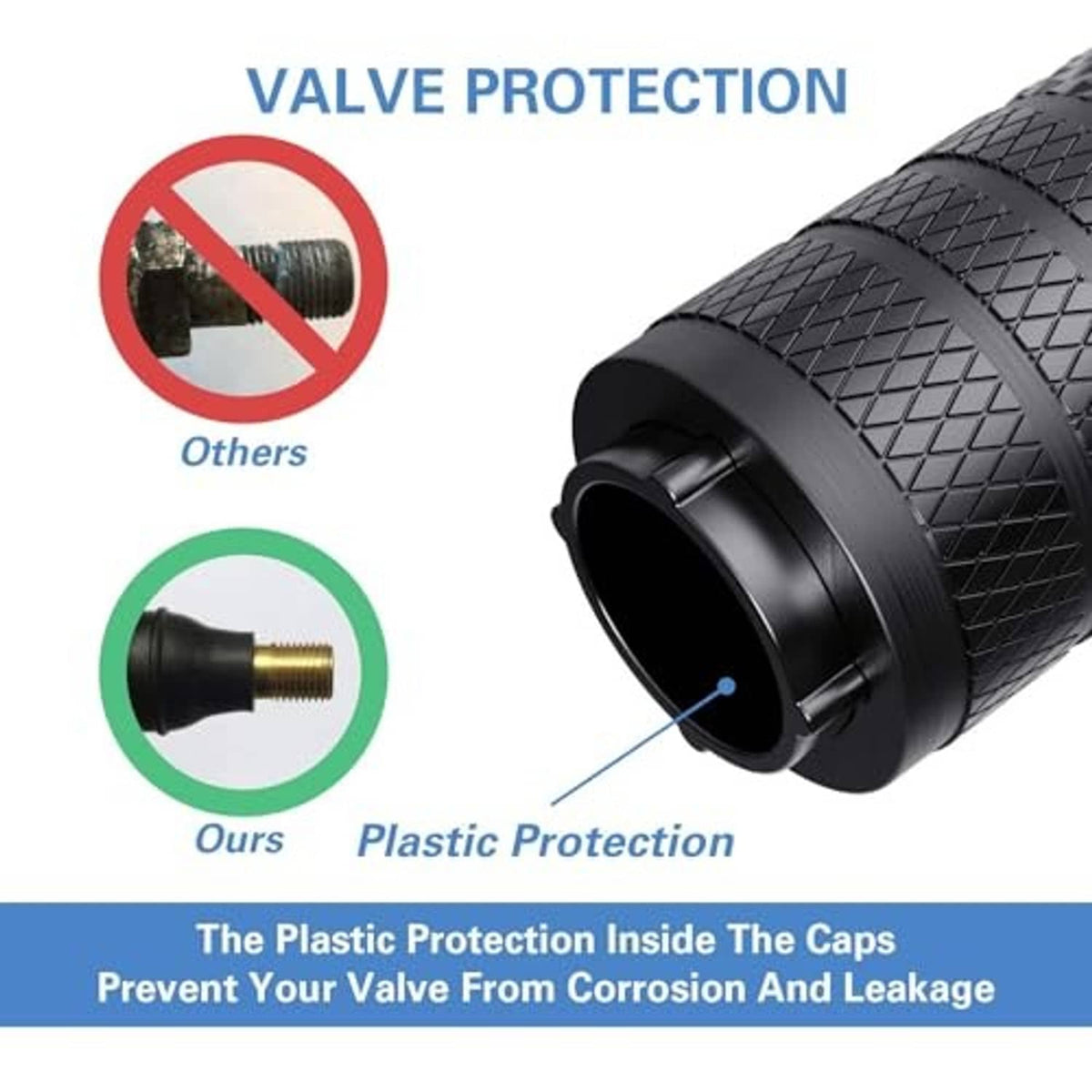 Black tire valve stem caps with textured surface and circular valve opening end